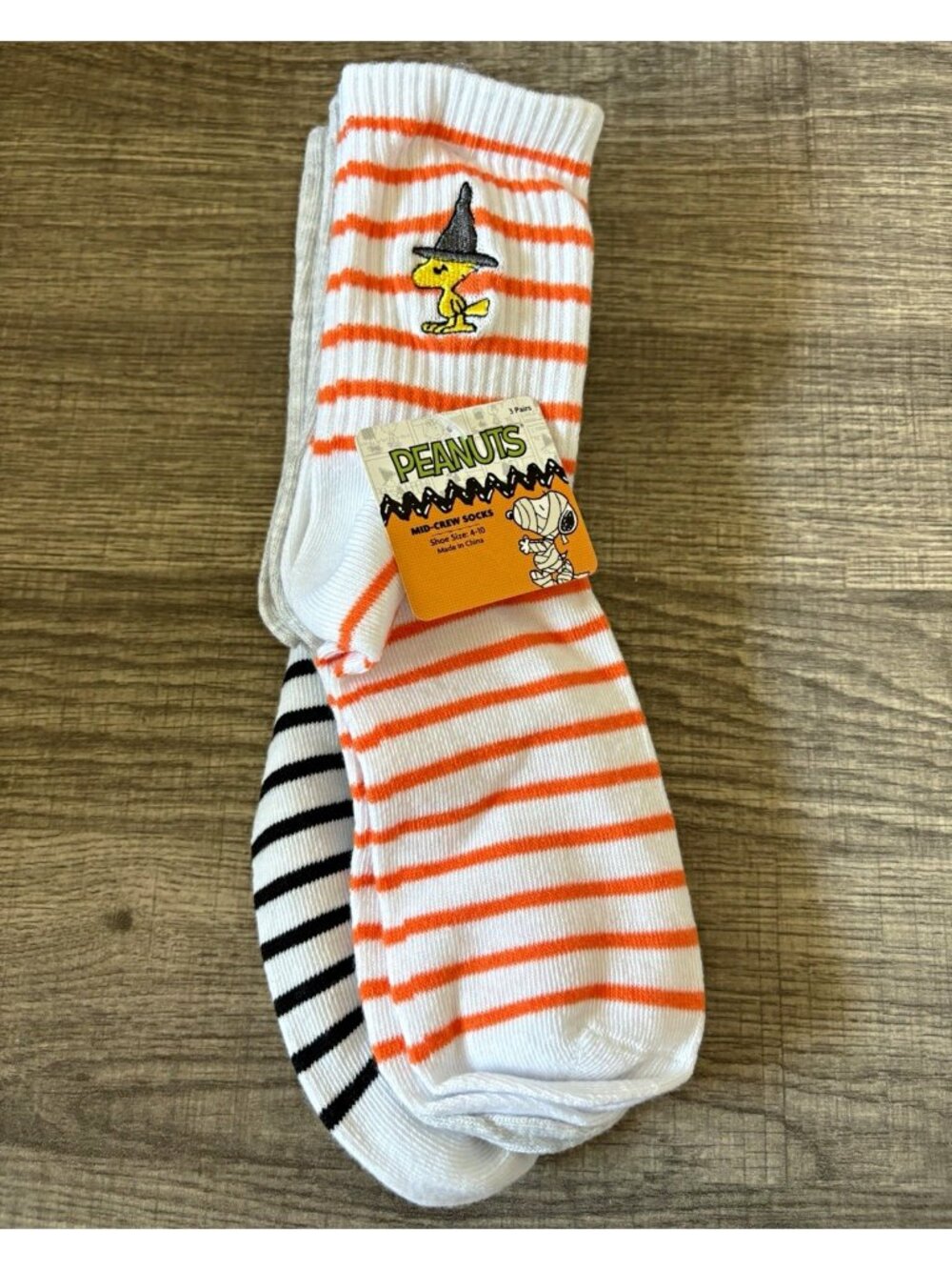 Peanuts Women's Snoopy Woodstock Halloween Striped Mid-Calf Socks 3 Pair
